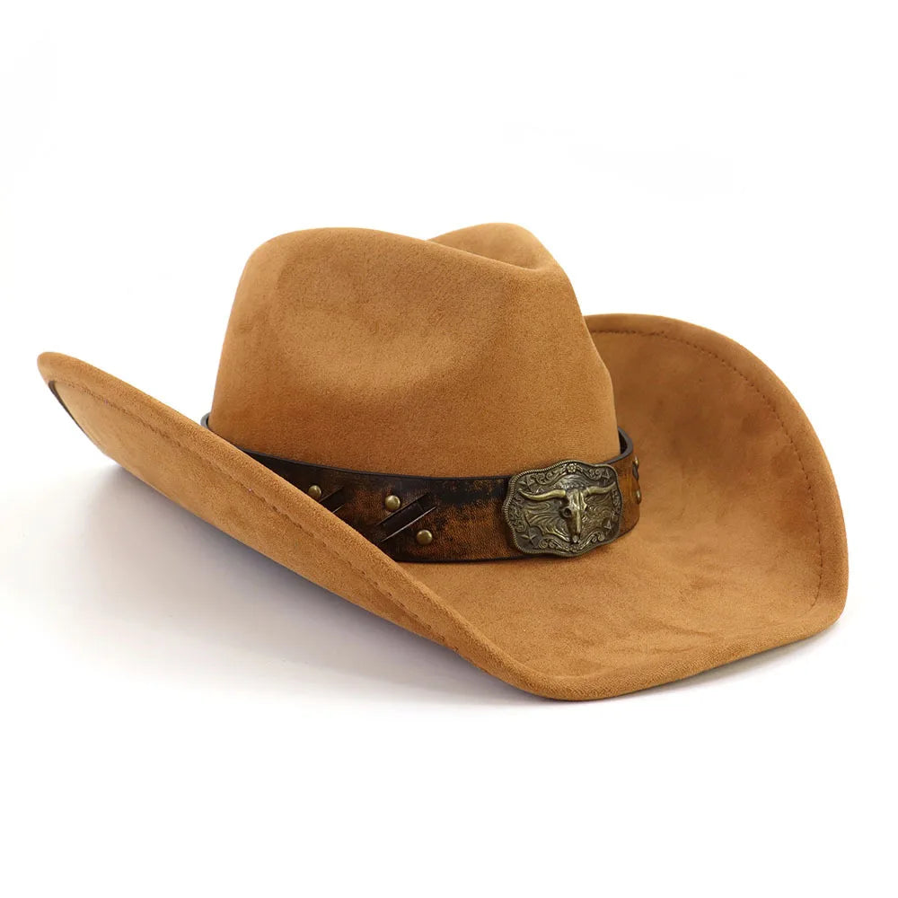 Western Big Brim Cowboy Hat Bull's Head Leather Band Suede Top Hat Outdoor Mens Hats Ladies Party Horse Riding Cowgirl...