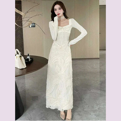 French Romantic Beige Textured Patchwork Design Elegant Square Neck Appliques Slim Elastic Knit Dress