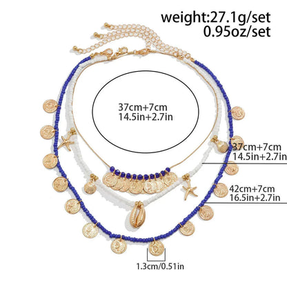 Ingemark 3Pcs/Set Boho Seed Beads Chain Necklace for Women Beach Vintage Metal Conch Starfish Coin Pendant Choker Y2K Jewelry