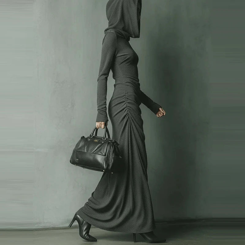 Casual Long Sleeve Solid Color Sport Dress Elegant Hight Waist Pleat Side Long Dresses Women's Fashion Long Sleeve...