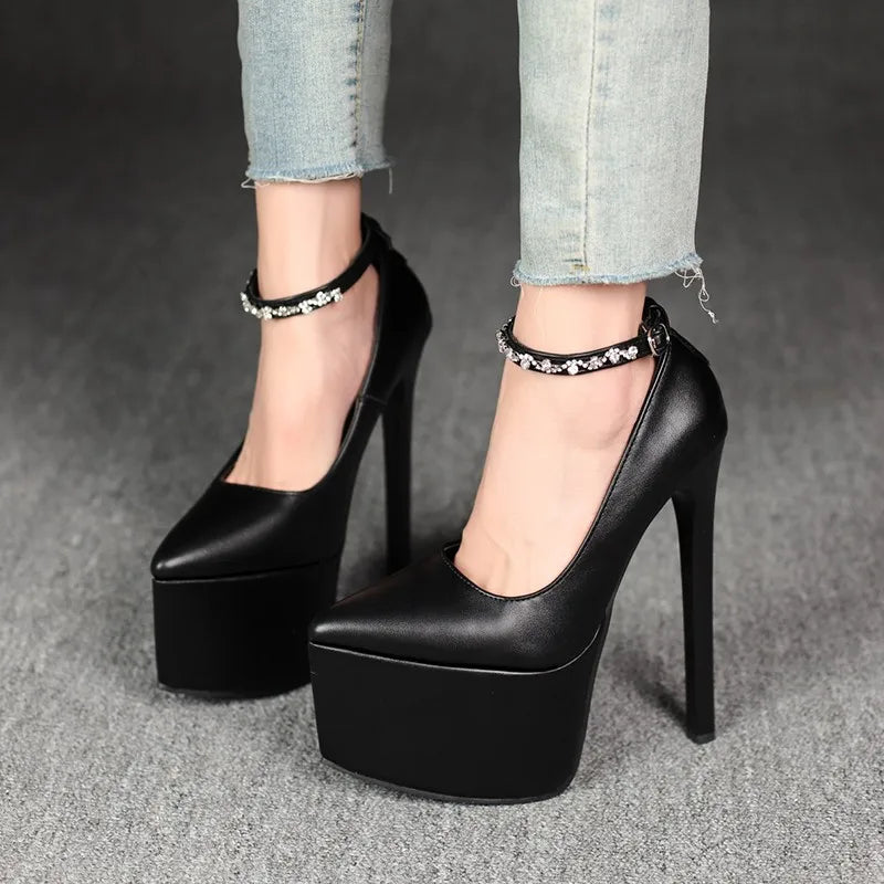 2026Stylish Rhinestone Straight Heel Single Shoes Stylish Pointed Toe Shallow Mouth Platform Heels | Kimlud Premium Shoes