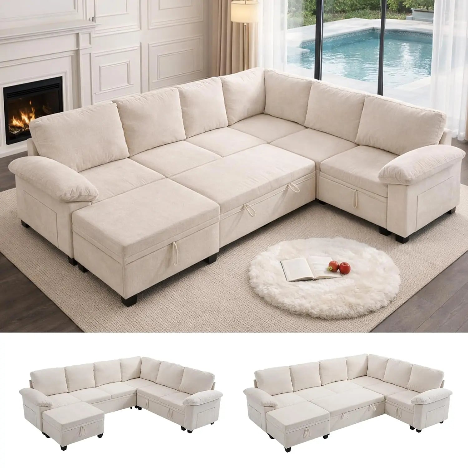 108 Inch Sectional Sleeper L Shaped Sofa with Pull Out Bed, 7 Seat Modular Sectional Sofa with Storage, Modern,...