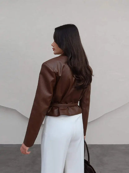 Vintage Pu Leather Belted Jackets Women's Slim Full Sleeve Lapel Short Overcoat 2025 New Autumn Winter Ladies Solid Streetwear