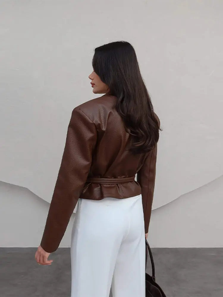 Vintage Pu Leather Belted Jackets Women's Slim Full Sleeve Lapel Short Overcoat 2025 New Autumn Winter Ladies Solid Streetwear