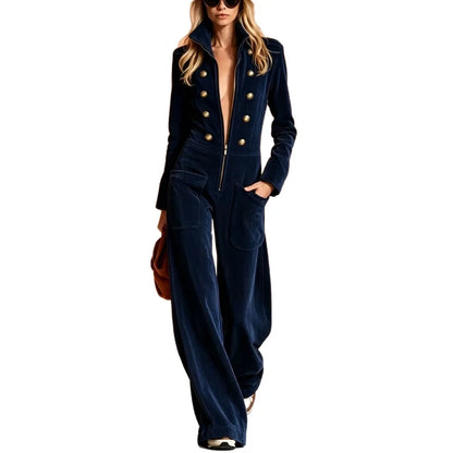 2026 Fall Winter Women Corduroy Stand Collar Front Zip Wide Leg Jumpsuit Mid Waist - Kimlud