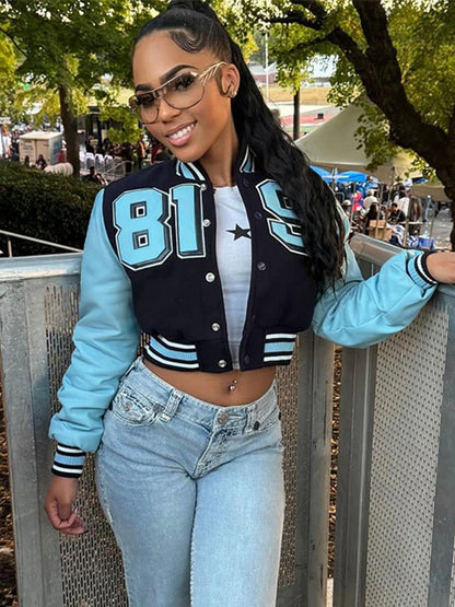 Nibber Sporty Jacket Woman Contrast Patchwork Baseball Autumn Trend Letter Print Single-Breasted Full Sleeve Casual Style Coats