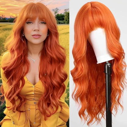 Women's fashion synthetic fiber head set orange wine red bangs long curly hair water ripple high temperature silk wig head set