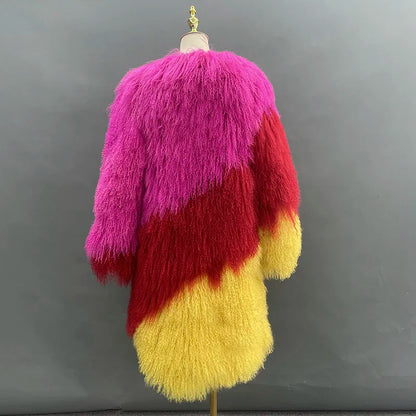 Long Mongolian Real Fur Coat For Women Elegant Fluffy Solid Thicken Warm Long Sleeves Coats Winter Chic Long Style
