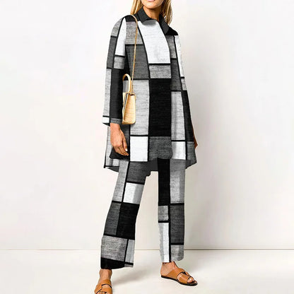 Autumn New Vintage Printed Pant Sets Women Long Shirts And Wide Legs Trousers Two Piece Set Fashion Trendy Streetwear Lady Suits