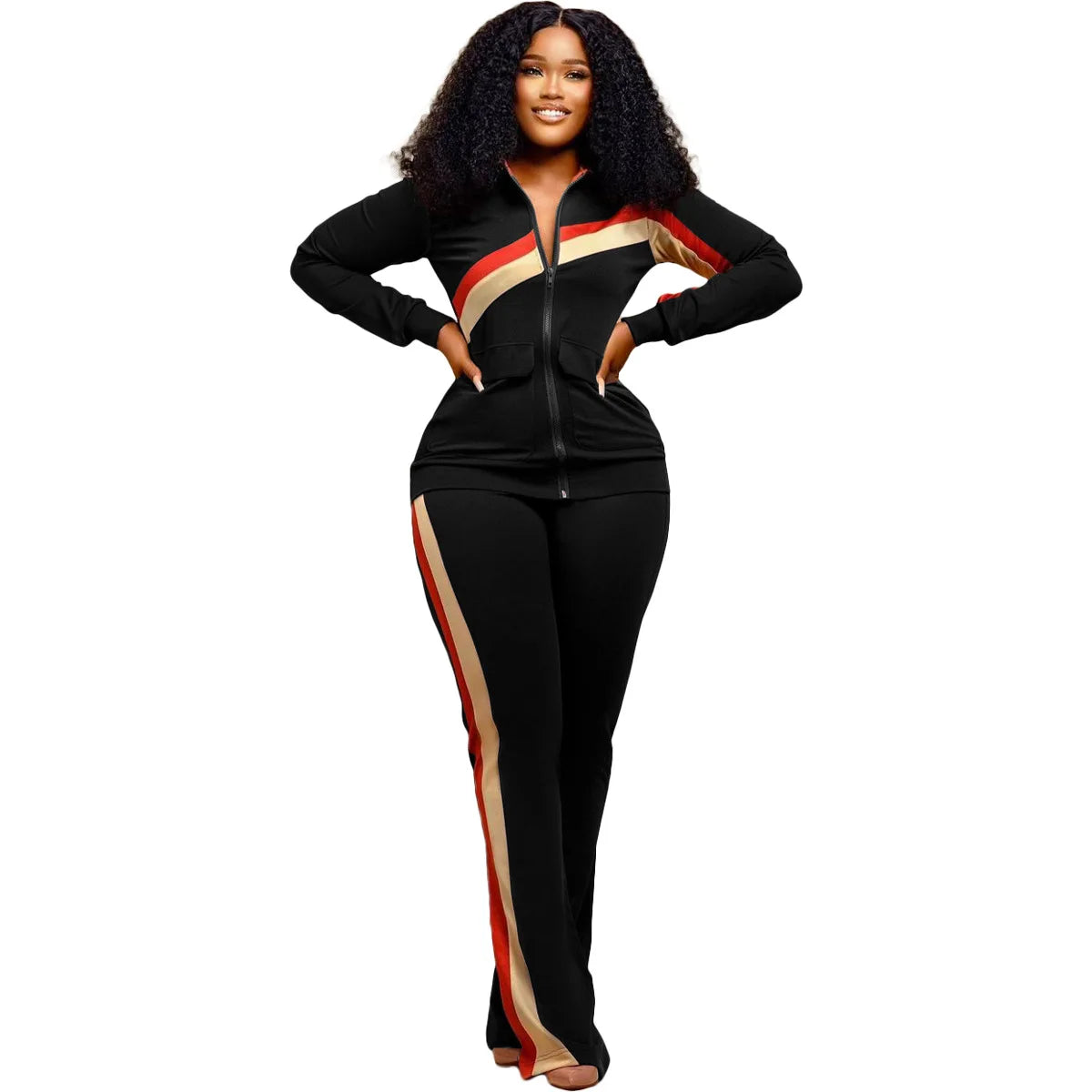 Custom LOGO Spring  Women's Sports Casual Fashion Color-matching Pocket Lapel Zipper Top Straight Pants Two-piece Set S-4XL