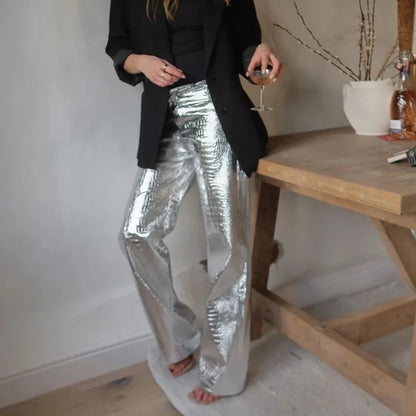 New 2024 Women's Elegant Y2K Silver High Waist Straight Pants Long Trousers Streetwear Autumn Winter Women PU Leather Pants