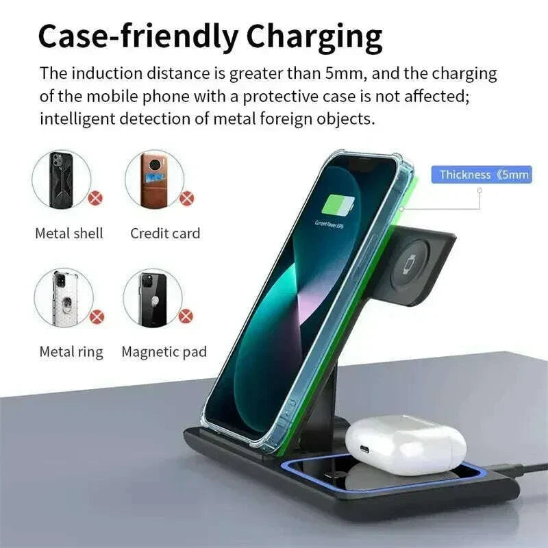 Desktop 3 In 1 Wireless Charger Stand Pad Foldable Phone Fast Charging Station Holder For iPhone 16 15 14 Pro Max iWatch Airpods