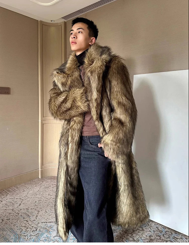 Men's fur coat, Wolf fur, fox fur, lapel long overcoat, winter windproof and warm windbreaker, large size