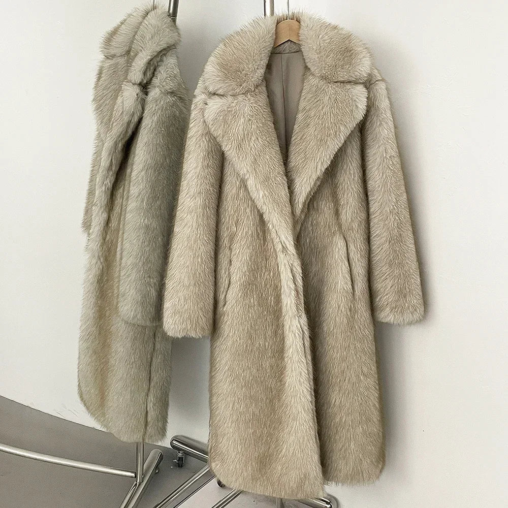 OFTBUY Long Faux Fur Jacket Fashion European Style Lapel Fur Coat Eco-friendly Covered Button Loose Casual Women Coats Winter
