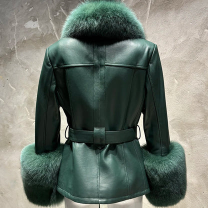 YOLOAgain Women's Real Fox Fur Collar Sheepskin Leather Jacket Coat Autumn 2024