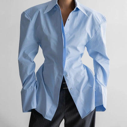 Linad Casual White Puff Sleeve Shirts Female Office Lady Blue Single-Breasted Woman Blouse 2026 Street Chic Lapel Tops...