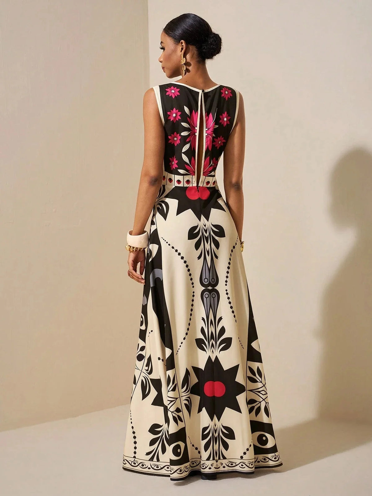 Elegant Red Floral Tribal Sleeveless Dress High Waist A Line Maxi Gown, For Wedding Guest Evening Party Vacation Outfits...