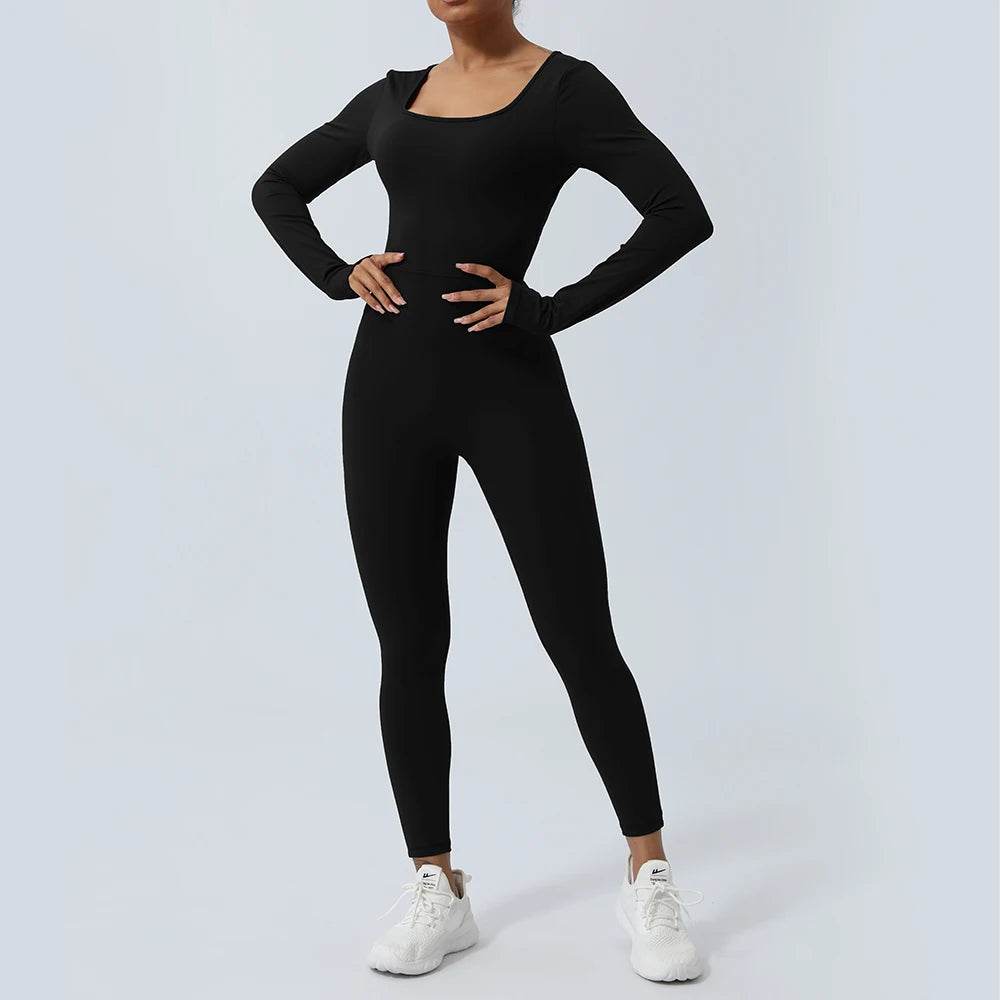 Women Fitness Jumpsuit Backless Long Sleeve Tights Yoga Set Running Training With Padded Sport Set - Kimlud