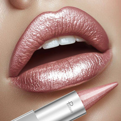 Nude pink pearlescent lipstick, waterproof and long-lasting metallic texture, pearlescent shimmering lipstick, suitable for all