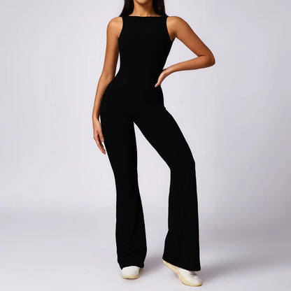 Hollow Out Backless One Piece Yoga Jumpsuit Women Sport Sleeveless Fitness Gym Suit Workout Exercise Skinny Flare Bodysuits