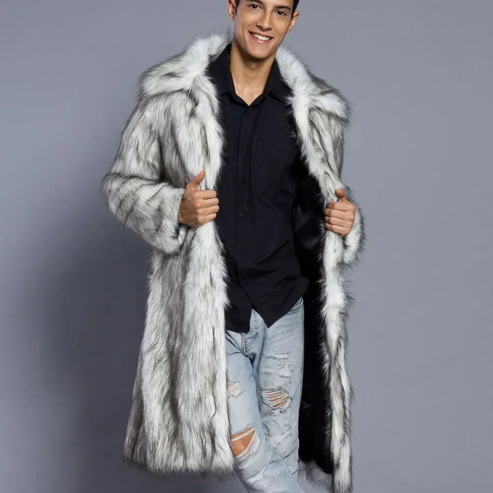 Men Faux Fox Fur Long Jacket Coat Winter Thick Fluffy Long Sleeve Warm Shaggy Luxury Faux Fur Long Jacket Bontjas Jackets Mens