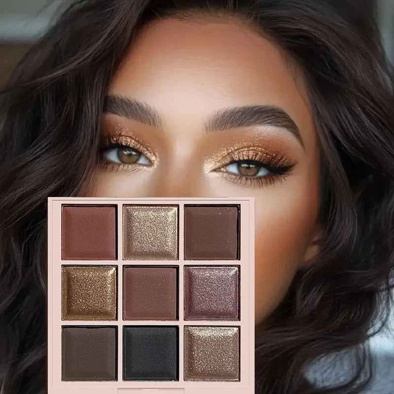 9-color eyeshadow palette, coffee brown & nude metallic tones, matte glitter & metallic finish, smoky makeup, party & stage