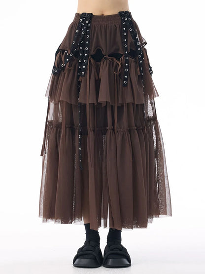 [EAM] High Elastic Waist Coffee Mesh Perspective Ribbon Strap Half-body Skirt Women Fashion Tide New Spring Autumn 2026 1DJ5044