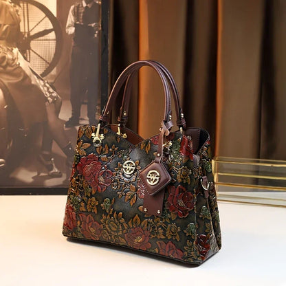 Light Luxury PU Leather Tote Bag Large Capacity Crossbody Women Bag Fashion Vintage Flower Pattern Purse and Handbag - Kimlud