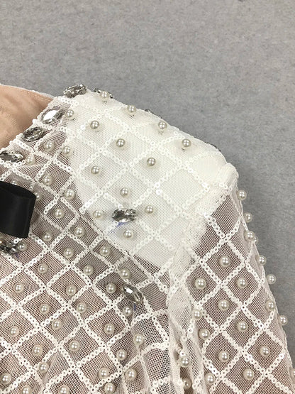 VC Pearl Sequins Hollow Out Short Dress For Women Sexy Long Sleeve Key Hole Bow Tie Diamond Beige Mini Evening Party Dress