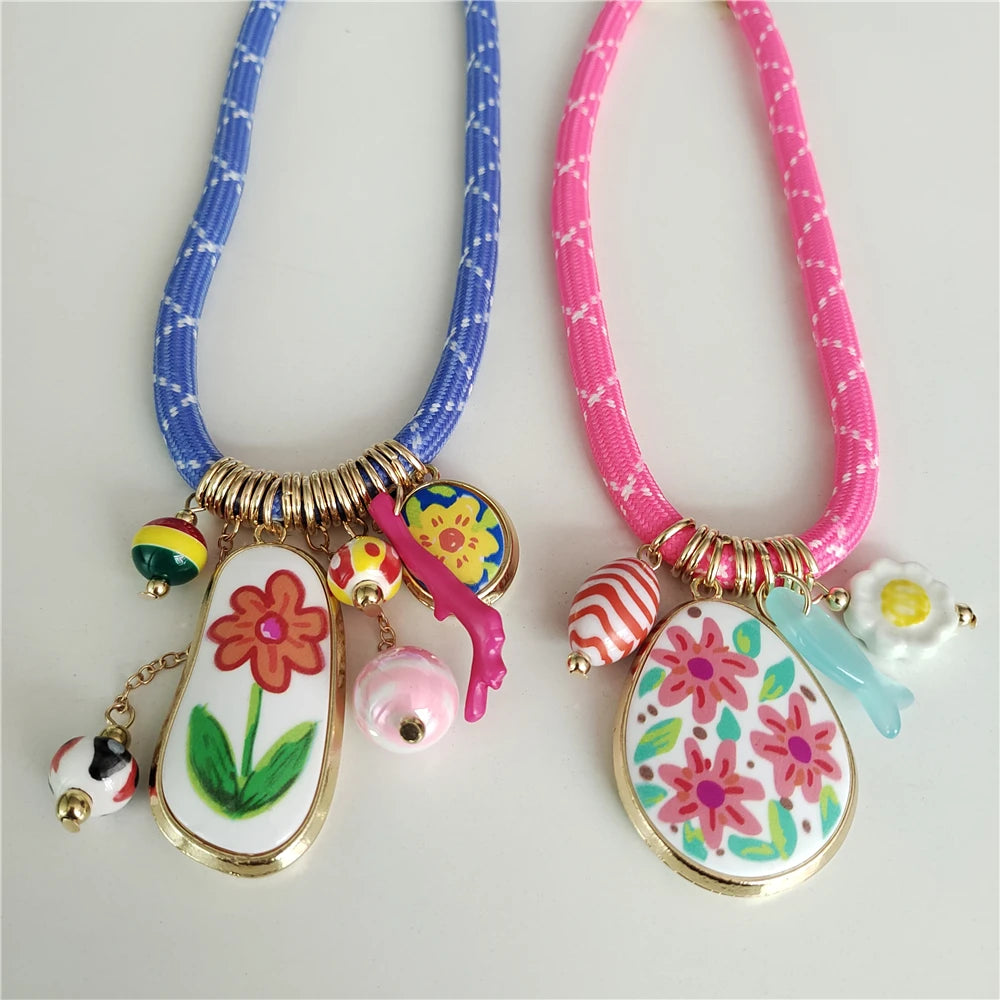 Colorful Dopamine Pink Blue Cord Choker Necklace Women Indian Boho Ethnic Statement Enamel Flower Pendant Necklace lady...