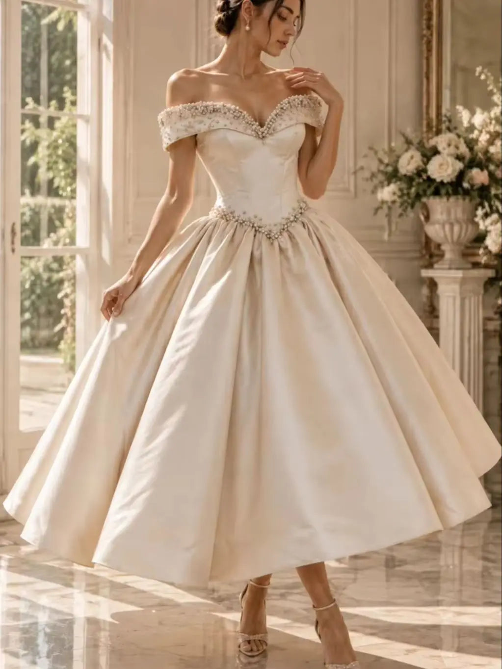 Wedding Dresses Women Luxury Pearl Beaded Off Shoulder Satin A Line Bridal Gown Princess Long Formal Dress Bride...