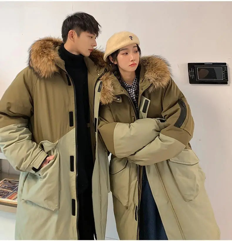 Men's Parkas Hooded Down Jacket Couple Mid-length Over-the-knee Loose Animal Fur Collar Jackets Zipper Pockets Thick Tops Coat