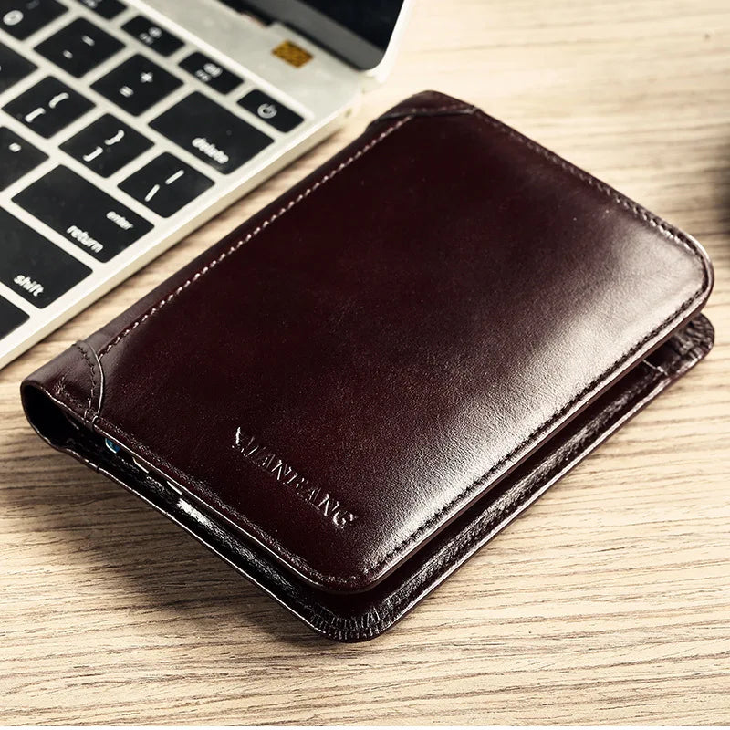 ManBang Luxury Men Wallet Genuine Cow Leather Male RFID Trifold Short Purse For Men with ID Window and Credit Card Holder