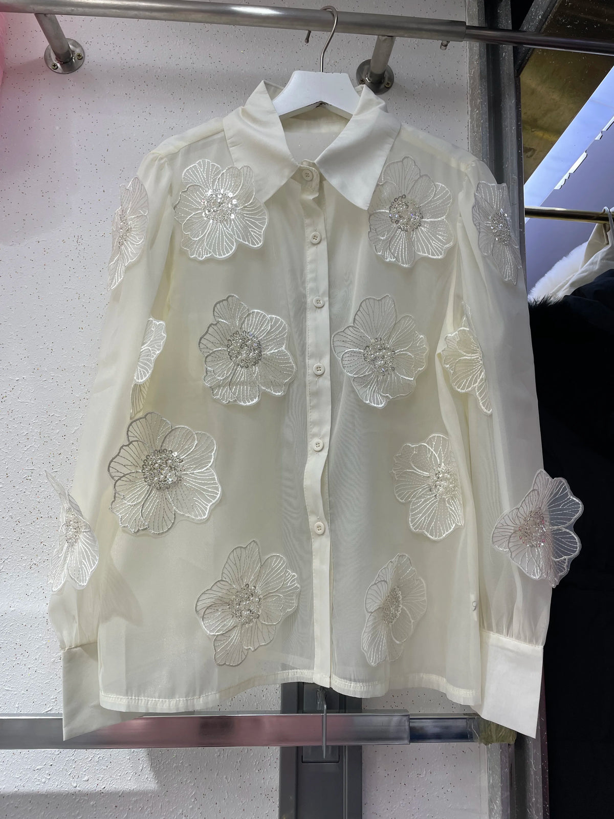 2024 Spring Summer Long Sleeve Sequins Petals Applique White Beige Mesh Shirts and Blouses For Women Sexy See- through...