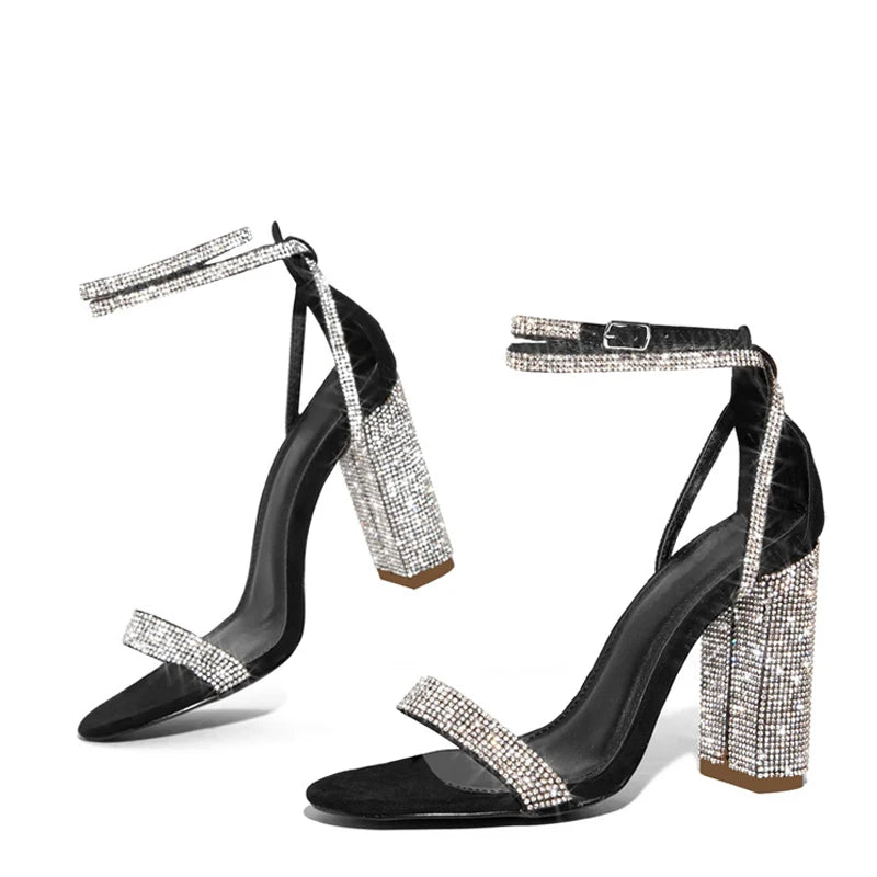 Liyke Fashion Glitter Rhinestones Square High Heels Sandals Summer Open Toe Crystal Ankle Strap Women Party Prom Shoes...
