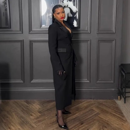 Elegant Black Long Dress with Notched Double Breasted Design Slim Fit Suitable for Formal Occasions Evening Outings Outerwear