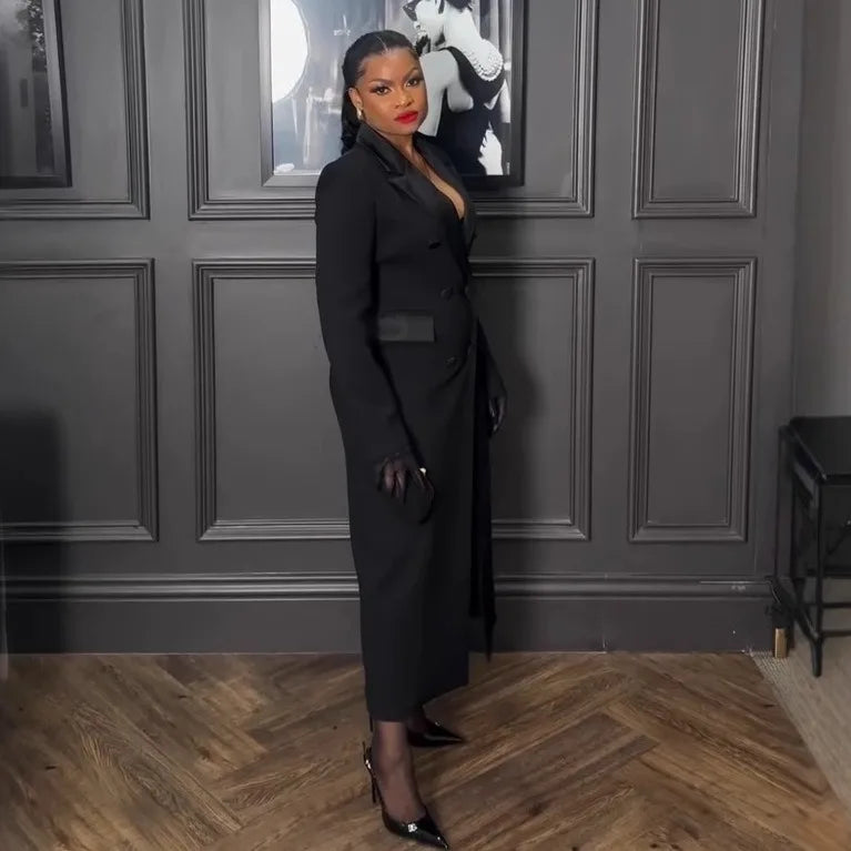 Elegant Black Long Dress with Notched Double Breasted Design Slim Fit Suitable for Formal Occasions Evening Outings Outerwear