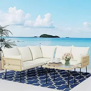 Outdoor Patio Furniture Set, Wicker Outdoor Sectional Set, Boho Patio Conversation Sectional Sofa with Large Tempered...