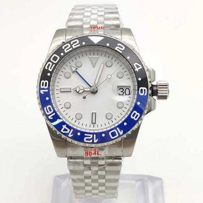 Men's New Elegant White GMT Watch, NH34 Movement, Sapphire Glass, Stainless Steel Waterproof Men's Mechanical Watch