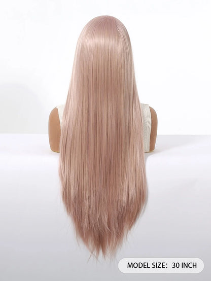 Long Straight Ash Pink 13x4 HD Lace Front Wig 30 Inch Glueless Synthetic Transparent Lace Frontal Wigs Pre Plucked Pastel Rose Gold for Women