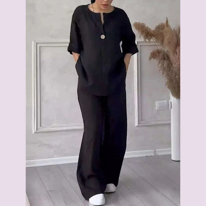 Casual Solid Color Pullover Long Pants 2-piece Set Women's Cotton and Linen Pants Suit White Pink