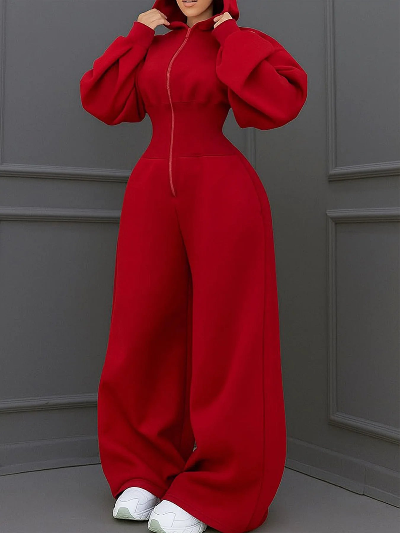 Women's Hooded Zipper Elastic Waist Jumpsuit Long Pants Sports Casual Solid Color Comfortable Casual Cross-Border Style