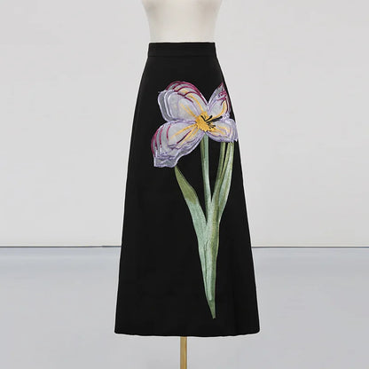 Women's Temperament Elegant Three Dimensional Flower Skirt Two Piece Set Slit Backless Cropped Top High Waist A-line Skirts Sets