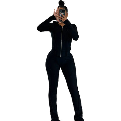 Splicing Lines Ribbed 2 Piece Set Women Tracksuits Long Sleeve Zipper Hooded Jackets Tops + Slit Flare Pants Slim Casual Suits