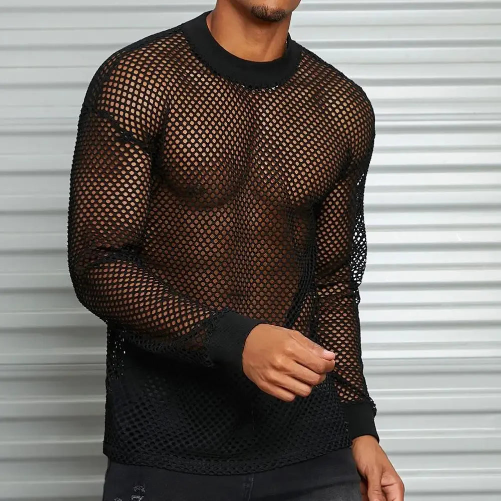 Men Black Mesh Top Hollow Design Muscle Tee Men's Thin Mesh Top with Long Sleeves Solid Color Stretchy Loose Fit for Club Dance - Kimlud