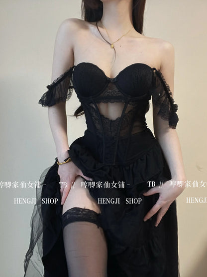 WOMENGAGA Fairy Lace Mesh Sexy Black Mini Tank Summer Beach Dress Elegant Ruffles Tops Autumn Sweet Korean Women 2022 CP8L