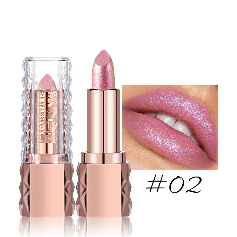 Pink Luxurious Metallic Glitter Lipstick Lasting Waterproof Shimmery Pearl Sparkling Hydrating Lipstick Women Makeup Cosmetic