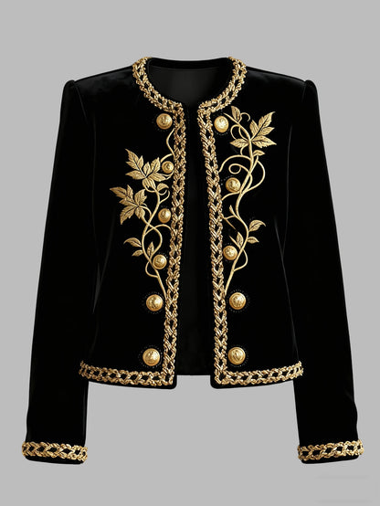 Modigirl Woman Fall Winter Gold Embroidered Jackets 2025 New Velvet Long Sleeve Round Neck Button Christmas Holiday Ladies Coat