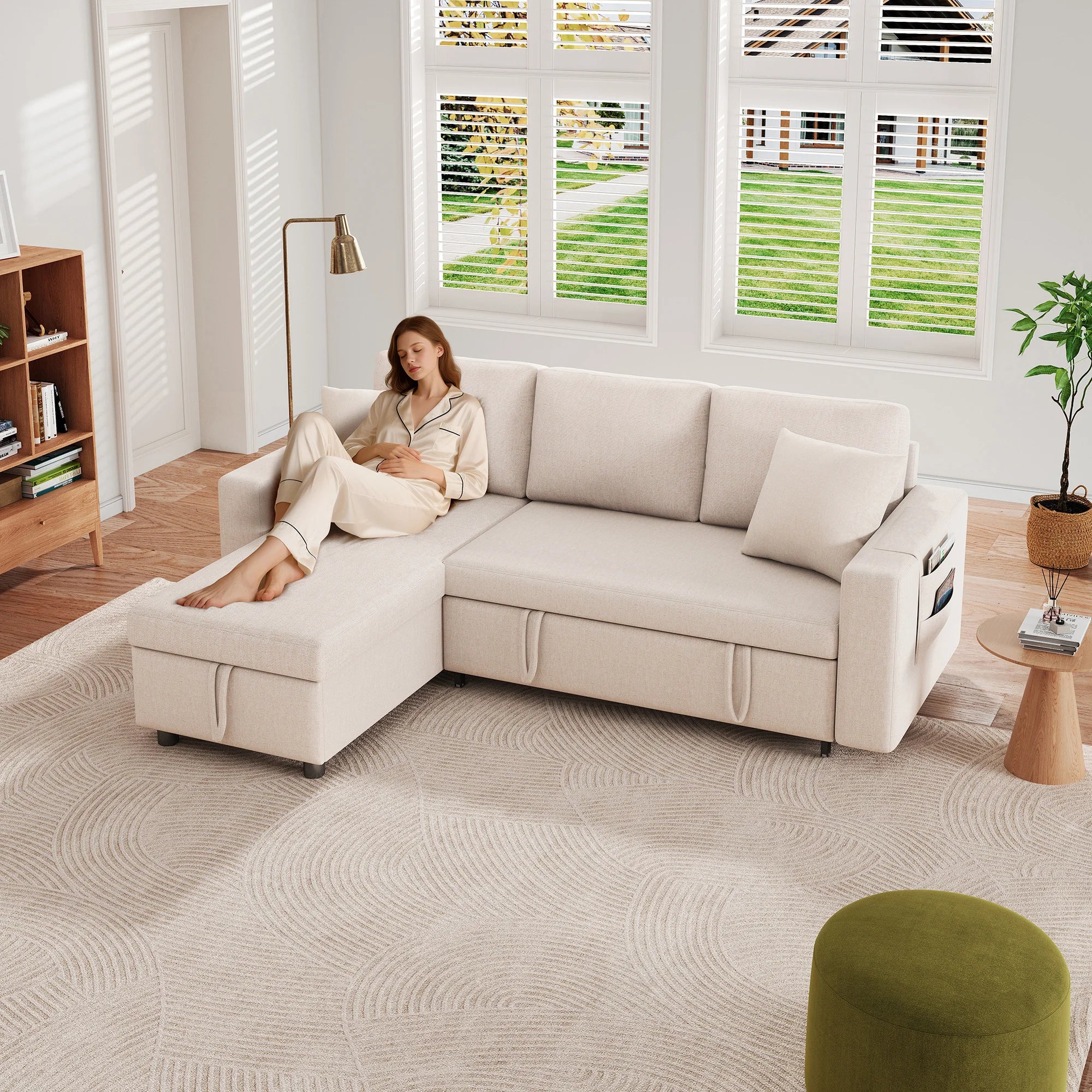 PINGGO L-Shape Sofa Bed with Sleeping Function, Convertible Armchair with Storage & Pocket Storage, Left Right Interchangeable - Kimlud