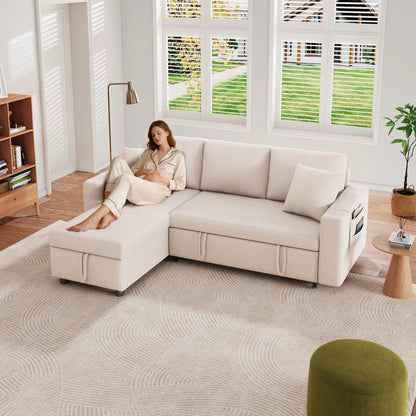 PINGGO L-Shape Sofa Bed with Sleeping Function, Convertible Armchair with Storage & Pocket Storage, Left Right Interchangeable - Kimlud